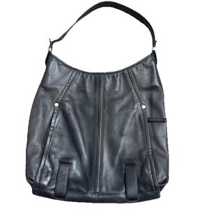 Perlina New York Black Leather Handbag Women's Slouchy Hobo-Style Shoulder Bag